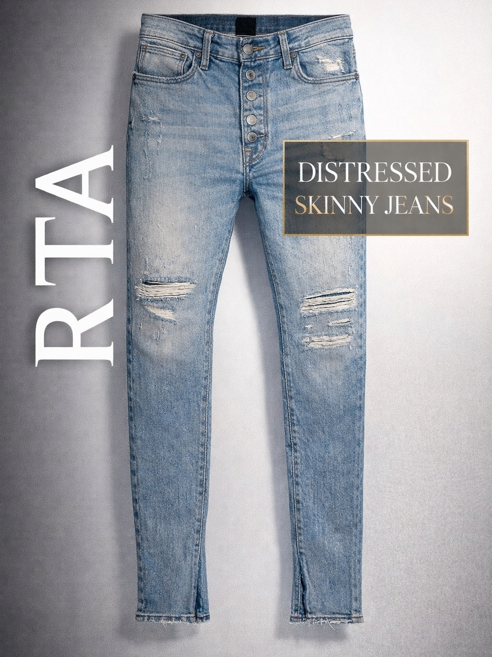RTA Road To Awe Distressed Skinny Jeans Button Fly Ankle Slit Light Wash Sz 26